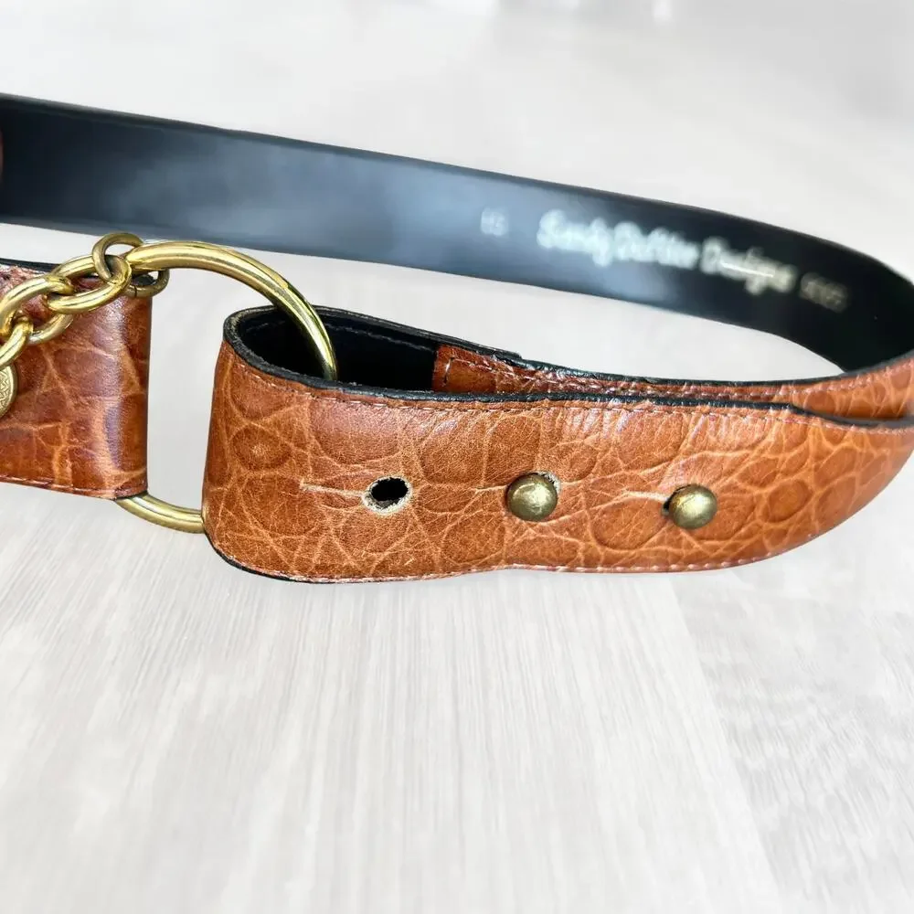 Vintage Sandy Duftler Croc Leather Chain Concho Belt Brown Brass Size AS IS